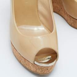 Pre Owned Jimmy Choo Beige Patent Leather Prova Slingback Cork Wedge Sandals Size 35