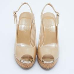 Pre Owned Jimmy Choo Beige Patent Leather Prova Slingback Cork Wedge Sandals Size 35