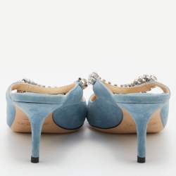 Pre Owned Jimmy Choo Blue Suede Bing Crystal Embellished Pointed Toe Mules Size 36