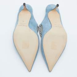 Pre Owned Jimmy Choo Blue Suede Bing Crystal Embellished Pointed Toe Mules Size 36
