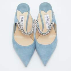 Pre Owned Jimmy Choo Blue Suede Bing Crystal Embellished Pointed Toe Mules Size 36