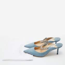 Pre Owned Jimmy Choo Blue Suede Bing Crystal Embellished Pointed Toe Mules Size 36