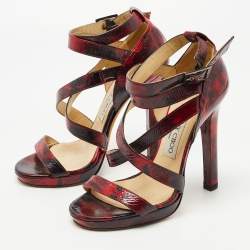 Pre Owned Jimmy Choo Red/Black Leather Double Cross Strap Sandals Size 36