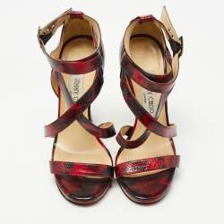 Pre Owned Jimmy Choo Red/Black Leather Double Cross Strap Sandals Size 36