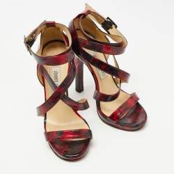 Pre Owned Jimmy Choo Red/Black Leather Double Cross Strap Sandals Size 36