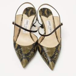 Pre Owned Jimmy Choo Green/Black Python Embossed Leather Slingback Pumps Size 37