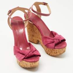 Jimmy Choo Pink Patent Leather and Suede Wedge Sandals Size 40.5