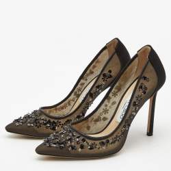 Pre Owned Jimmy Choo Black Mesh and Satin Romy Embellished Pumps Size 36