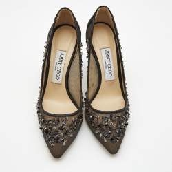 Pre Owned Jimmy Choo Black Mesh and Satin Romy Embellished Pumps Size 36