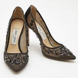 Pre Owned Jimmy Choo Black Mesh and Satin Romy Embellished Pumps Size 36