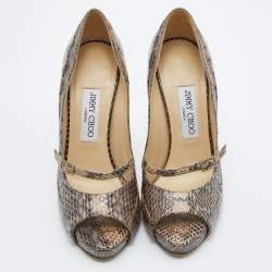 Pre Owned Jimmy Choo Beige Watersnake Leather Peep Toe Pumps Size 38