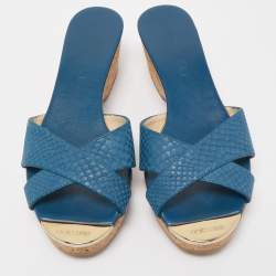 مملوكة مسبقًا Jimmy Choo Blue Leather Prima Cock Wedge Slides Size 38