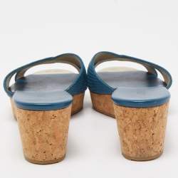 مملوكة مسبقًا Jimmy Choo Blue Leather Prima Cock Wedge Slides Size 38