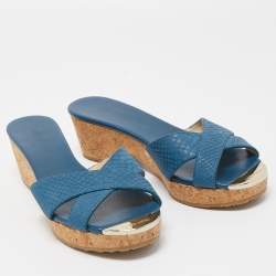 مملوكة مسبقًا Jimmy Choo Blue Leather Prima Cock Wedge Slides Size 38