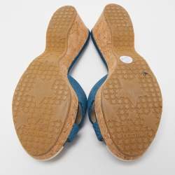 مملوكة مسبقًا Jimmy Choo Blue Leather Prima Cock Wedge Slides Size 38