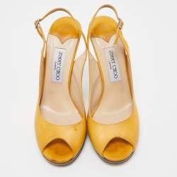 Jimmy Choo Yellow Leather Peep Toe Slingback Pumps Size 39.5