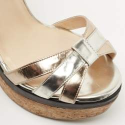 Pre Owned Jimmy Choo Metallic/Black Leather Cork Wedge Ankle Strap Sandals Size 37.5