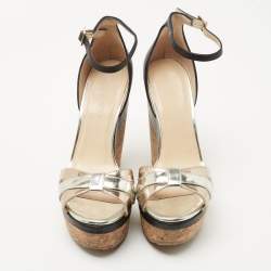 Pre Owned Jimmy Choo Metallic/Black Leather Cork Wedge Ankle Strap Sandals Size 37.5