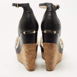 Pre Owned Jimmy Choo Metallic/Black Leather Cork Wedge Ankle Strap Sandals Size 37.5