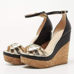 Pre Owned Jimmy Choo Metallic/Black Leather Cork Wedge Ankle Strap Sandals Size 37.5