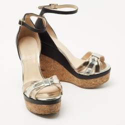 Pre Owned Jimmy Choo Metallic/Black Leather Cork Wedge Ankle Strap Sandals Size 37.5