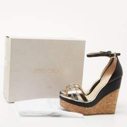 Pre Owned Jimmy Choo Metallic/Black Leather Cork Wedge Ankle Strap Sandals Size 37.5