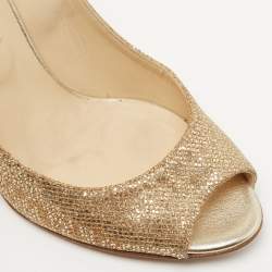 Pre Owned Jimmy Choo Metallic Gold Glitter Evelyn Peep Toe Pumps Size 38.5