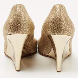 Pre Owned Jimmy Choo Metallic Gold Glitter Evelyn Peep Toe Pumps Size 38.5