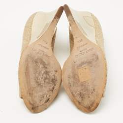 Pre Owned Jimmy Choo Metallic Gold Glitter Evelyn Peep Toe Pumps Size 38.5