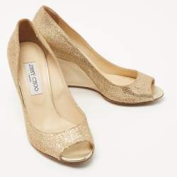 Pre Owned Jimmy Choo Metallic Gold Glitter Evelyn Peep Toe Pumps Size 38.5