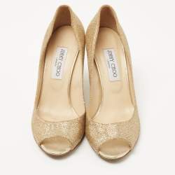 Pre Owned Jimmy Choo Metallic Gold Glitter Evelyn Peep Toe Pumps Size 38.5