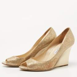 Pre Owned Jimmy Choo Metallic Gold Glitter Evelyn Peep Toe Pumps Size 38.5