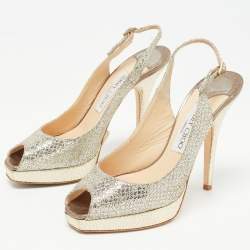 Pre Owned Jimmy Choo Silver/Gold Glitter Clue Slingback Pumps Size 36