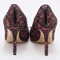 Pre Owned Jimmy Choo Pink/Black Lace and Suede Marvel Embellished Pointed Toe Pumps Size 37