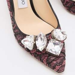 Pre Owned Jimmy Choo Pink/Black Lace and Suede Marvel Embellished Pointed Toe Pumps Size 37