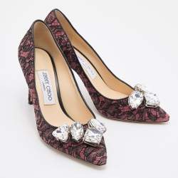 Pre Owned Jimmy Choo Pink/Black Lace and Suede Marvel Embellished Pointed Toe Pumps Size 37