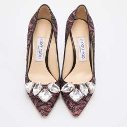 Pre Owned Jimmy Choo Pink/Black Lace and Suede Marvel Embellished Pointed Toe Pumps Size 37