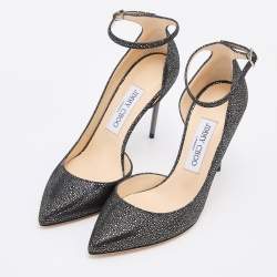 Jimmy Choo Black/Silver Suede Lucy Ankle Strap Pointed Toe Pumps