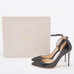 Pre Owned Jimmy Choo Black/Silver Suede Lucy Ankle Strap Pointed Toe Pumps Size 37