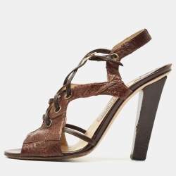 Jimmy Choo Brown Python Embossed Leather Sandals Size 38.5