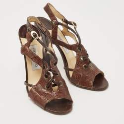Jimmy Choo Brown Python Embossed Leather Sandals Size 38.5