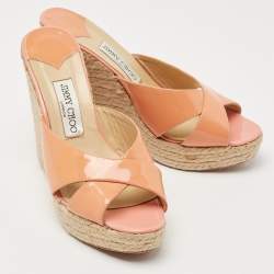 Pre Owned Jimmy Choo Orange Patent Leather Prima Wedge Sandals Size 38
