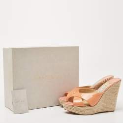 Pre Owned Jimmy Choo Orange Patent Leather Prima Wedge Sandals Size 38