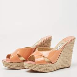 Pre Owned Jimmy Choo Orange Patent Leather Prima Wedge Sandals Size 38