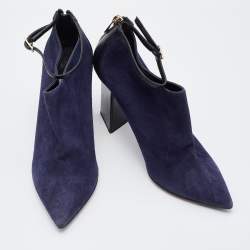 Jimmy Choo Blue/Black Suede and Leather Pointed Toe Ankle Strap Booties Size 37