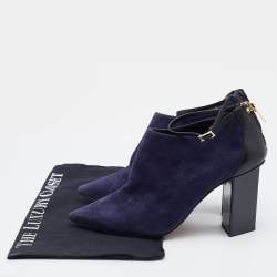 Jimmy Choo Blue/Black Suede and Leather Pointed Toe Ankle Strap Booties Size 37