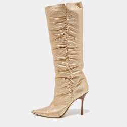 Jimmy Choo Metallic Gold Leather Knee Length Boots Size 41