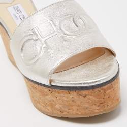 Pre Owned Jimmy Choo Silver Leather Logo Embossed Deedee Cork Platform Wedge Sandals Size 38