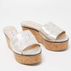 Pre Owned Jimmy Choo Silver Leather Logo Embossed Deedee Cork Platform Wedge Sandals Size 38