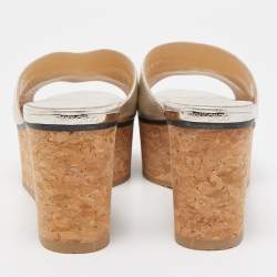 Pre Owned Jimmy Choo Silver Leather Logo Embossed Deedee Cork Platform Wedge Sandals Size 38